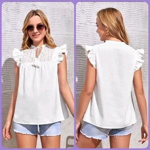 Maternity Tie Neck Ruffle Eyelet  Embroidered Blouse